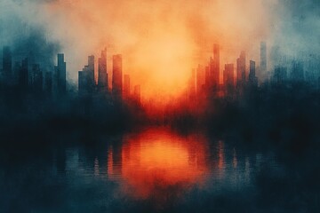 Dramatic Cityscape at Sunrise Reflected on Water