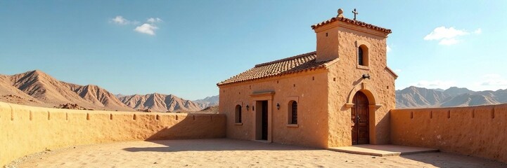 Fototapeta premium Adobe church with curved walls and tile-roofed tower, building, roof, architecture