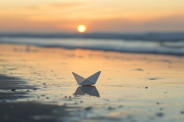 Delicate Paper Boat on Sandy Beach at Sunset, Creating a Serene Scene with Gentle Waves and a Warm Golden Sky Reflected in Water &ndash; Concept of Childhood Dreams and Adventure