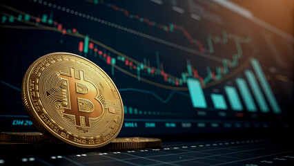 Golden Bitcoin coin, blurred stock chart, macro shot, financial tech, digital currency, cinematic 8K