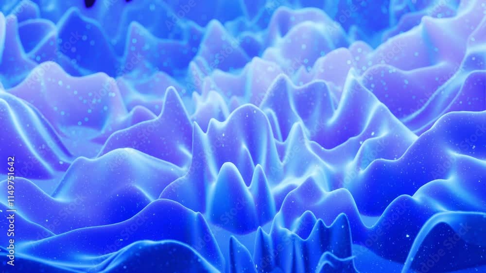 Poster loop 4k. abstract waves of soft blue matte material with light inner glow and glitters on morphing s