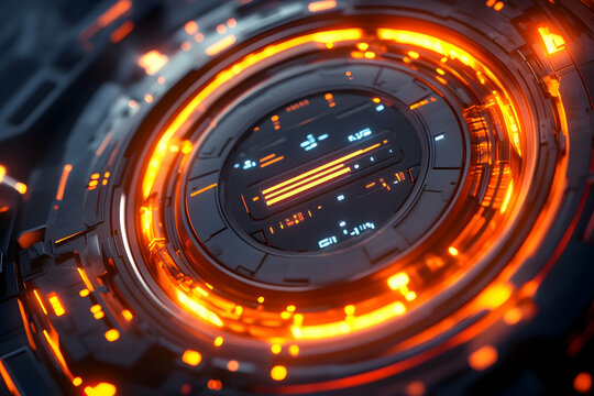 Glowing lines and digital elements create a cyberpunk-style background, showcasing technological advancements with vibrant light effects and futuristic appeal