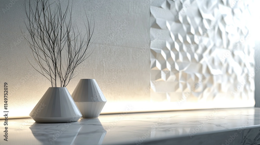 Poster textured white surface with geometric patterns and soft lighting for a sleek and modern vibe.