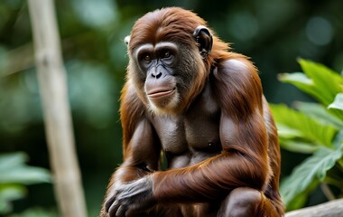 Fototapeta premium Powerful Bonobo Ape Rainforest Portrait Lush Greens Background