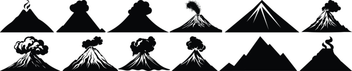 Volcano silhouettes set, mountain pack of vector silhouette design, isolated background © FutureFFX