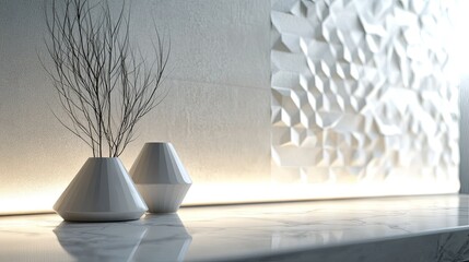 Textured white surface with geometric patterns and soft lighting for a sleek and modern vibe.