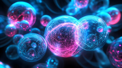 Intricate 3D abstract background with interwoven wireframe spheres emitting soft neon blue and pink glows, set against a gradient black canvas
