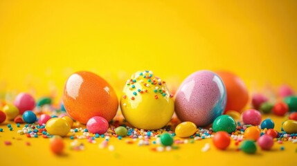 Vibrant Easter eggs surrounded by colorful candies and sugar sprinkles on a bright yellow background with ample copy space.