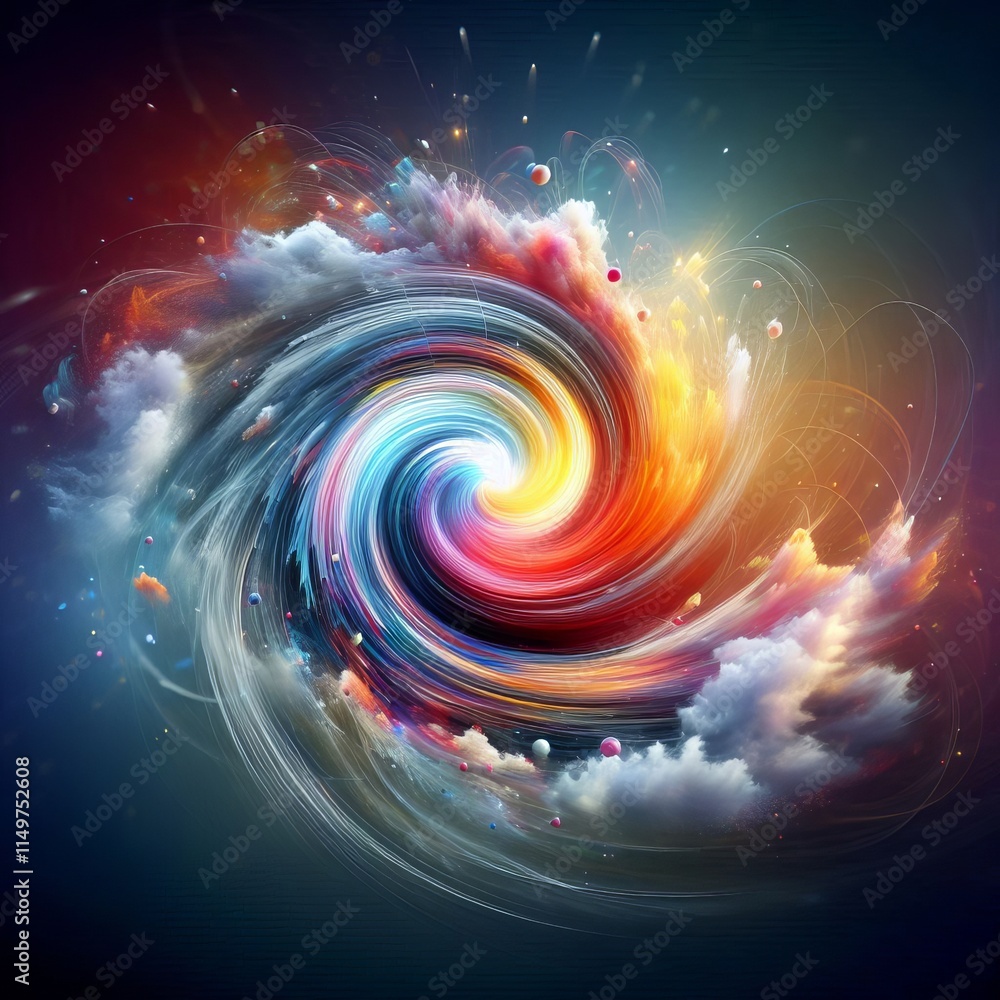 Poster a swirling vortex of colorful clouds surrounds a bright center, creating a dynamic and visually stri