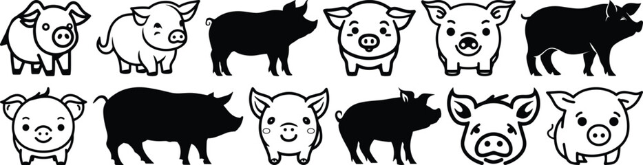 Pig silhouettes set, animal pack of vector silhouette design, isolated background