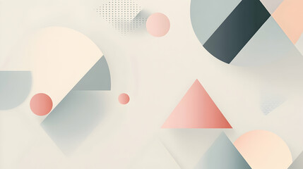 Minimalist abstract design featuring geometric shapes like triangles and circles in muted pastel colors, with smooth gradients on a light gray backdrop