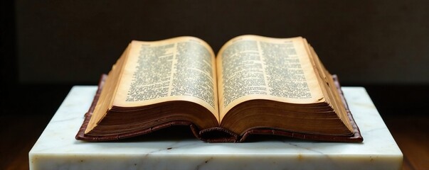 Obraz premium Ancient leather-bound bible on a white marble pedestal, relic, artifact, leather bound