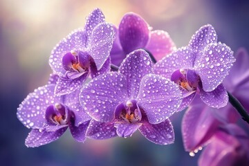Vibrant Purple Orchid Flowers with Glistening Dewdrops Against a Soft Blur Background, Capturing the Essence of Nature's Beauty and Serenity in a Stunning Close-Up