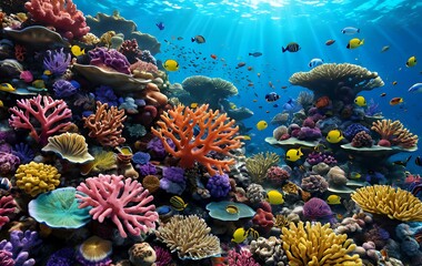 Naklejka premium Vibrant Coral Reef Colorful Fish Underwater Scene Tranquil Ocean Paradise