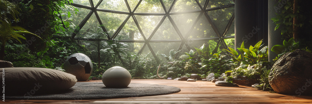 Poster a brainstorming session held in a geodesic dome, surrounded by greenery, showcasing a blend of innov