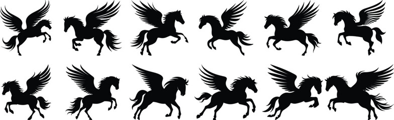 Pegasus silhouettes set, horse pack of vector silhouette design, isolated background