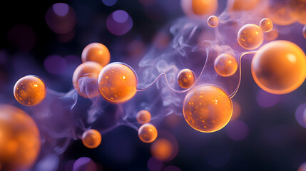 Organic 3D abstract background with vibrant, pulsating spheres and flowing tendrils in shades of orange and violet, against a dark misty atmosphere