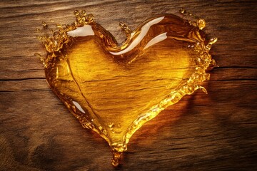 Golden Heart Shape Created with Liquid Splash on Wood Background, Symbolizing Love, Romance, and Sweetness in a Beautiful and Artistic Way
