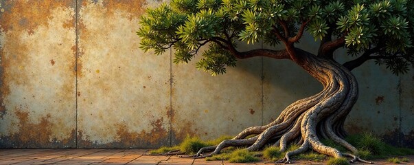 Ancient tree with twisted trunk and gnarled branches on a rustic background, branches, gnarled, twisted