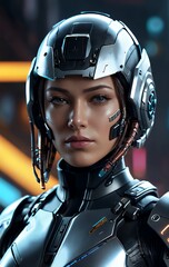 Cyberpunk Female Pilot Futuristic Helmet Metallic Armor Digital Art