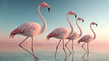 Fototapeta premium Set of gracefully standing elegant flamingos, 
