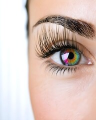 Obraz premium Close-up of a vibrant, colorful eye with dramatic eyelashes