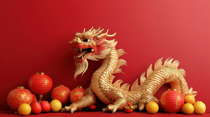 Obraz premium Golden dragon with red lanterns and oranges on red background