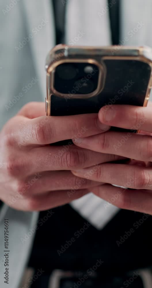 Poster hands, business and man with texting on smartphone for text message, social media and communication.
