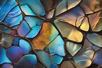Vibrant Iridescent Colorful Abstract Background Featuring Shimmering Shards with Blue, Green, Yellow, and Orange Hues in a Unique Natural Pattern