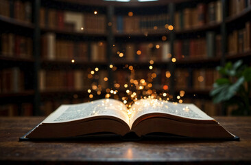 A large book lies on the wooden table, with a soft glow and bokeh lights rising up against a dark background, side view. The concept of knowledge, education. High quality photo