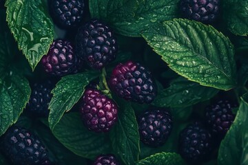 Fresh Blackberries and Mint Leaves with Water Droplets, Natural Green Background Adding Vibrant Contrast and Texture, Perfect for Healthy Recipes and Culinary Inspiration