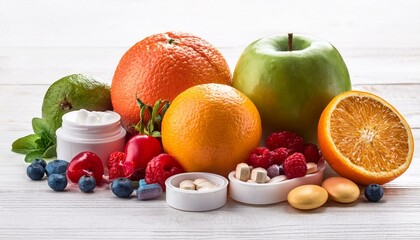 Generated image Multivitamins and supplements with fresh and healthy fruits on white wooden background