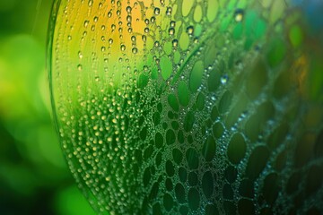 Close-Up of Colorful Soap Bubble with Water Droplets Reflecting Light and Colorful Background Creating an Abstract Nature Inspired Art Effect