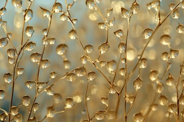 Delicate Drops of Water on Golden-Flecked Botanical Background, Highlighting Nature's Beauty and the Intricacies of Light and Shadow Play on Transparent Leaves