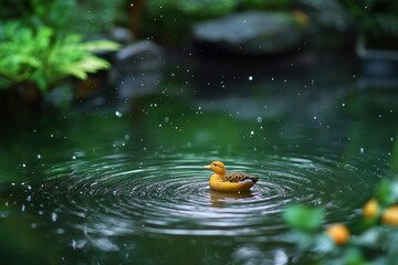 Yellow rubber duck floating on a serene pond surrounded by lush greenery, water droplets creating ripples in a tranquil environment, inviting peace and relaxation
