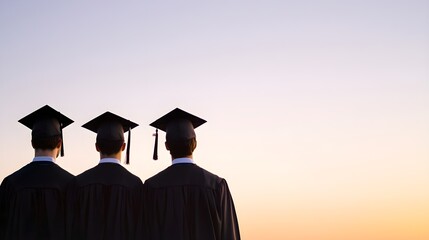 Graduates celebrating at sunset with caps and gowns