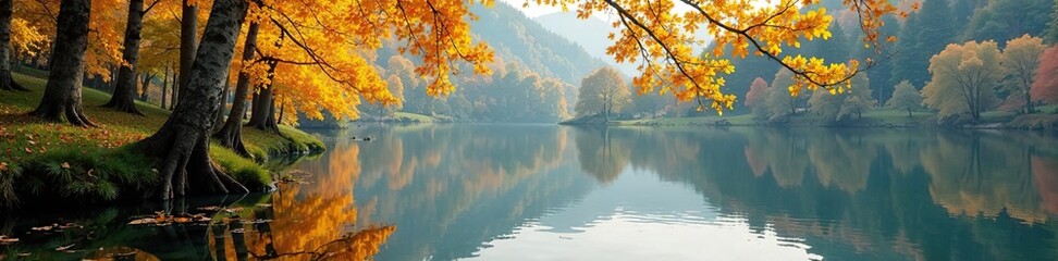 Aspen trees with blooming branches floating on a calm lake, foliage, aspen, branch