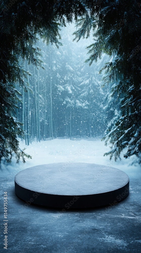 Poster winter wonderland scene with snowy trees and circular platform in a mysterious forest