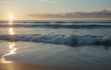 Fototapeta premium Serene Sunset Ocean Waves Gentle Shore Calm Atmosphere