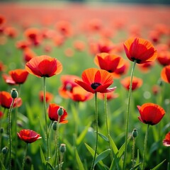 A vibrant red poppy blooms among a bed of lush green grass, bloom, botanical, nature