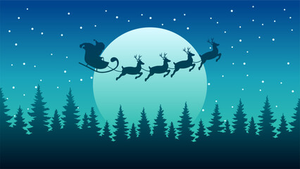 Landscape illustration of Christmas night with Santa Claus silhouette