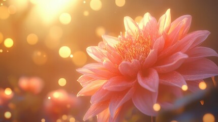 Fototapeta premium Vibrant pink dahlia flower with intricate petals highlighted against golden evening light and blurred bokeh.