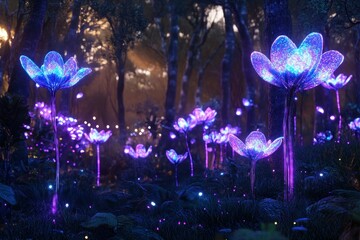 Enchanting Forest of Illuminated Flowers with Glowing Petals and Mystical Atmosphere in a Dreamlike Twilight Landscape