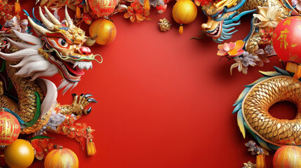 Golden dragons and lanterns on vibrant red background