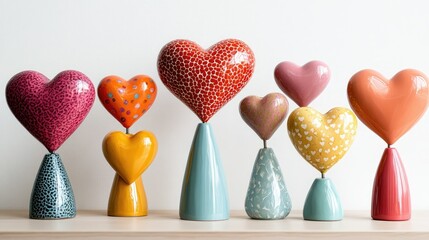 A cheerful collection of colorful hearts on stylish pedestals, evoking warmth and celebration.