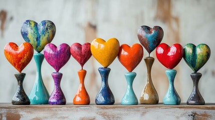 A cheerful collection of colorful hearts on stylish pedestals, evoking warmth and celebration.