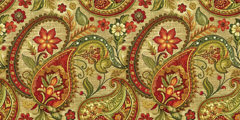 Colorful floral paisley pattern featuring intricate red and green designs.