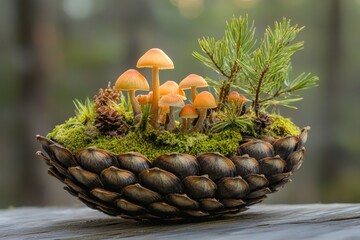 Delicate Mushrooms Growing Among Lush Green Moss in Pine Cone Bowl Surrounded by Nature’s Beauty in a Softly Lit Forest Setting