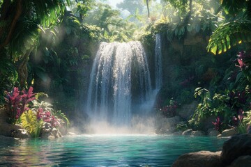 Serene Waterfall in a Lush Tropical Jungle Surrounded by Vibrant Flora and Crystal Clear Pool Sparkling Under Soft Sunlight