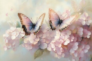 Delicate Butterflies Resting Gracefully on Soft Pink Floral Blooms with a Dreamy Pastel Background in a Serene Nature Setting